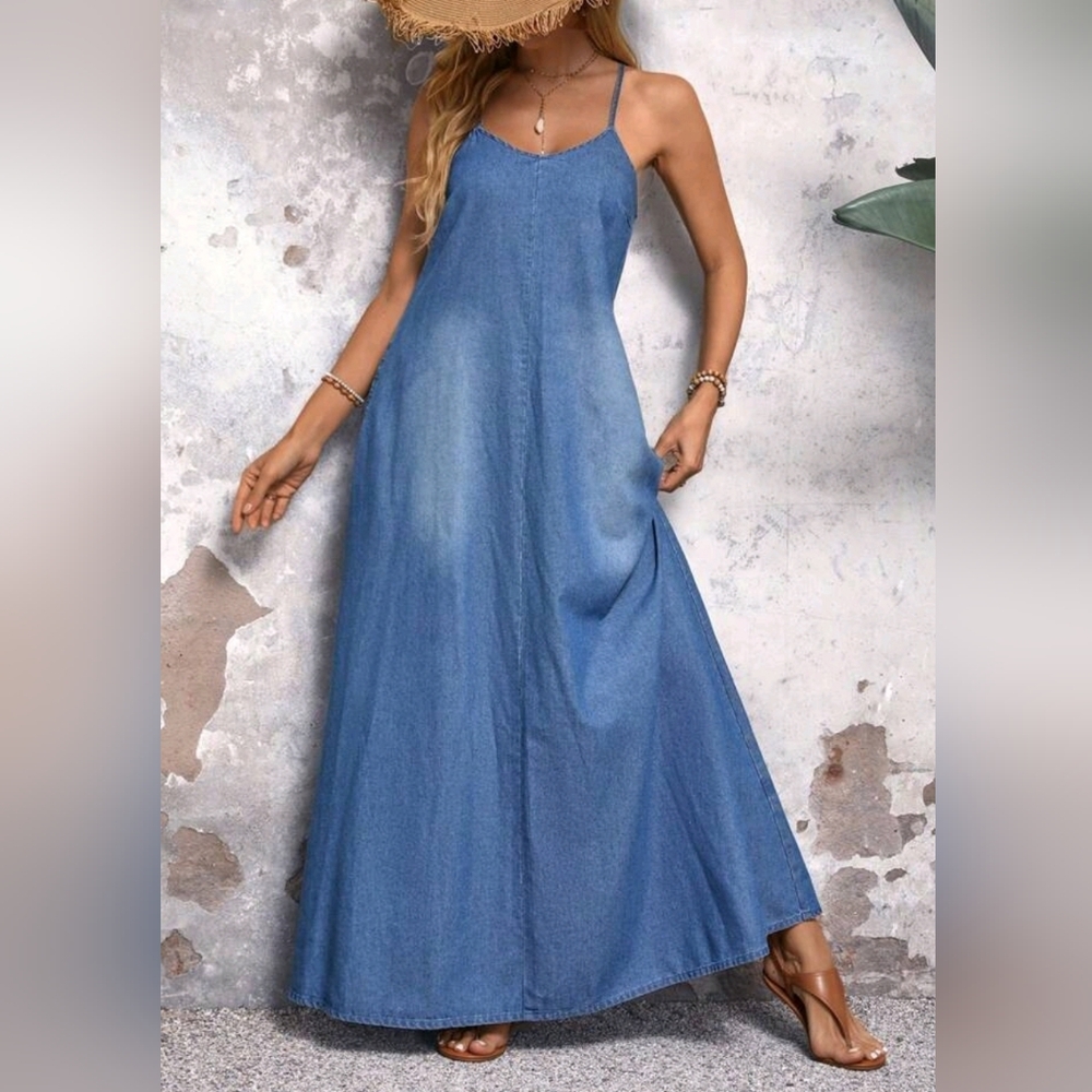New Casual Woven Cotton Denim Cami Jumper Dress Blue - Picture 2 of 9